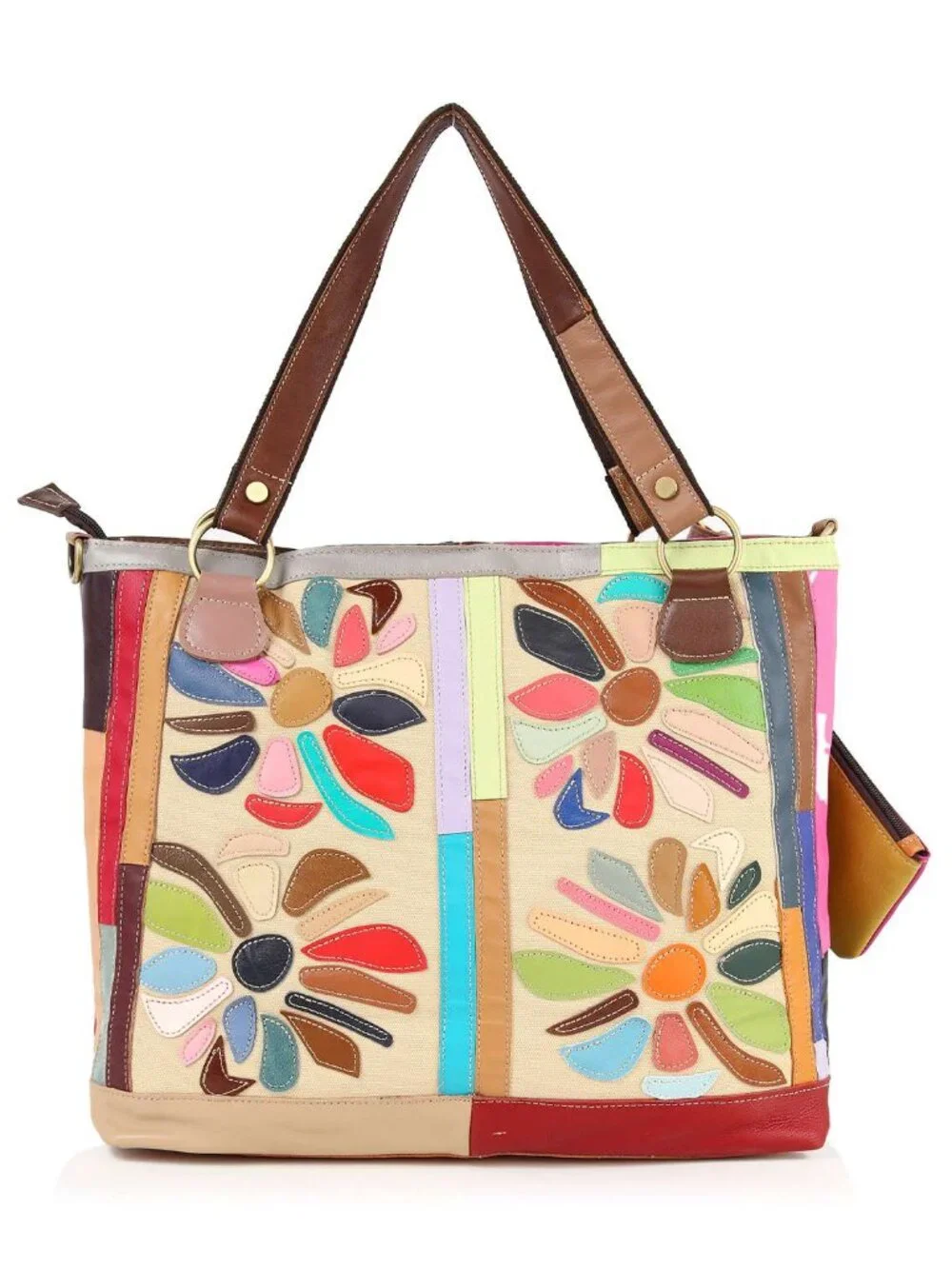 NWT Genuine Leather Colorful Floral Patchwork Oversized Tote Set  Description